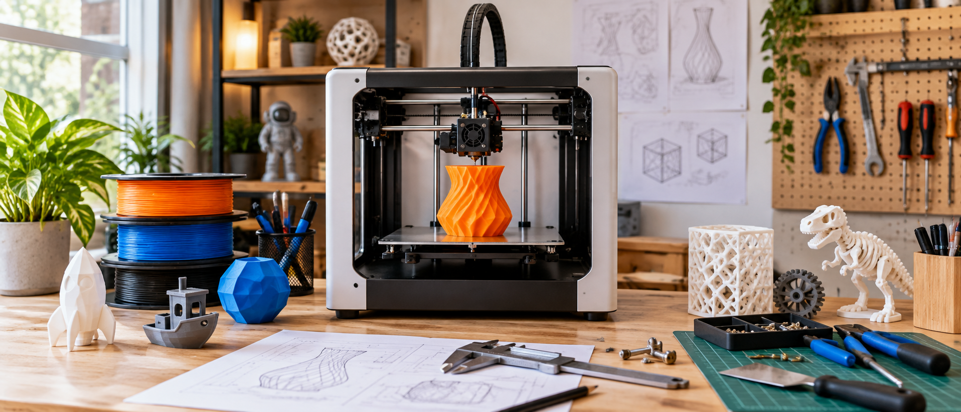 Modern 3D printer with filament and printed objects