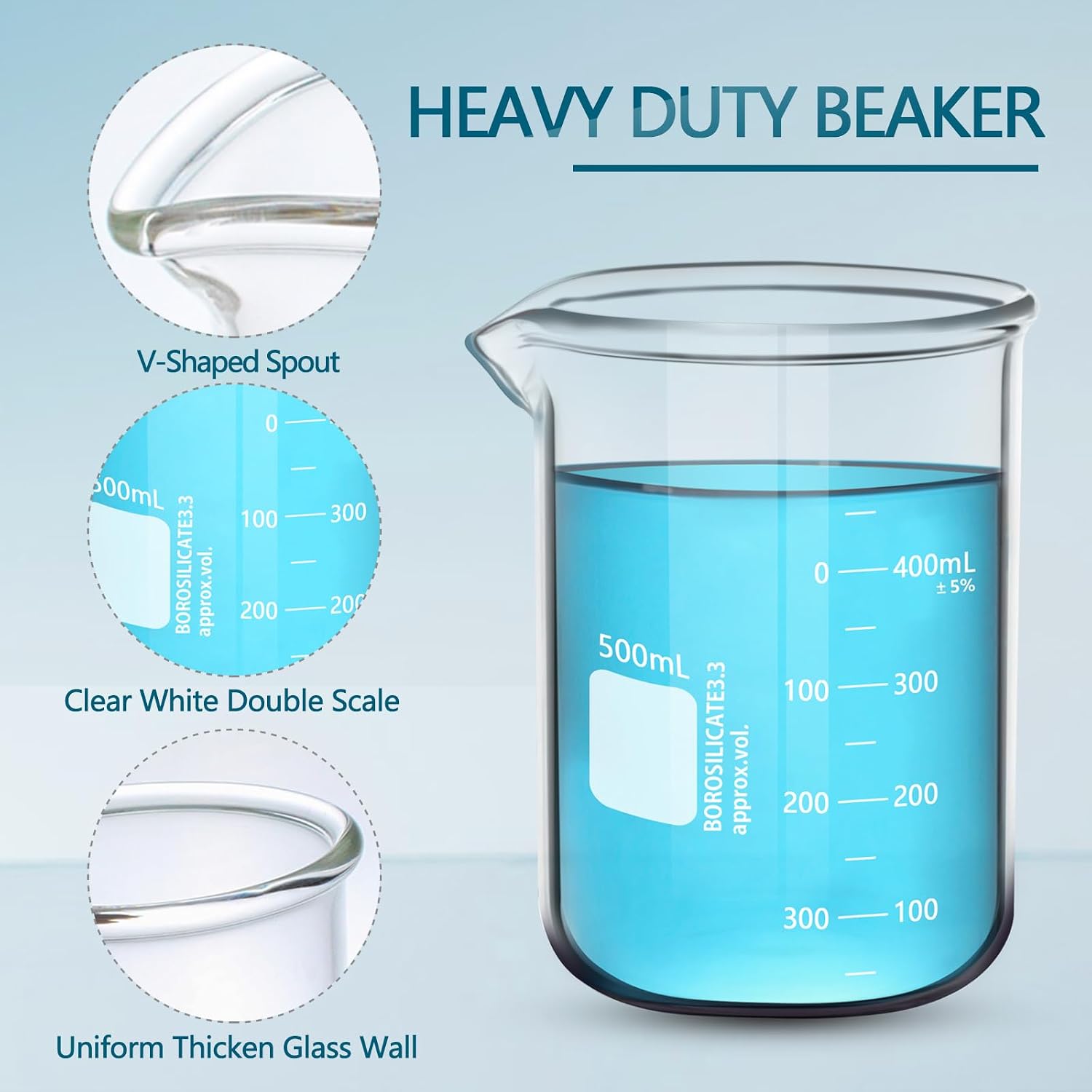 Heavy Duty 500ML Glass Beaker, White Double Scale Graduation, Borosilicate 3.3 Glass, Low Form Griffin Lab Measuring Beaker, 1 Each (500ML) - Image 3