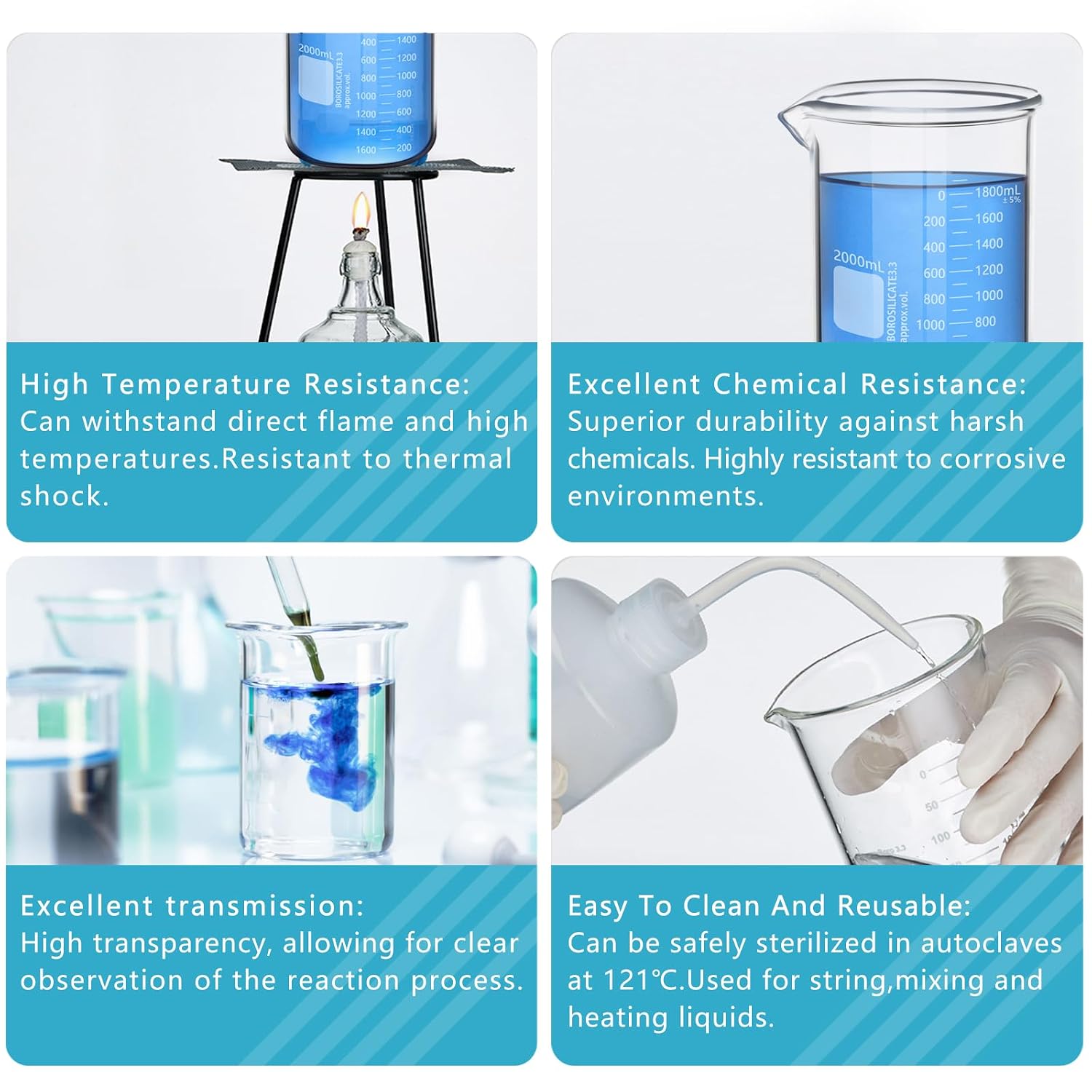Heavy Duty 500ML Glass Beaker, White Double Scale Graduation, Borosilicate 3.3 Glass, Low Form Griffin Lab Measuring Beaker, 1 Each (500ML) - Image 4