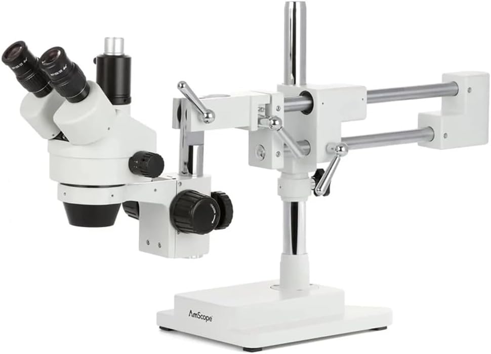AmScope SM-4 Series Simul-Focal Zoom Trinocular Stereo Microscope - 3.5X-90X Magnification - Professional Laboratory Microscope with Camera Port & Double-Arm Boom Stand