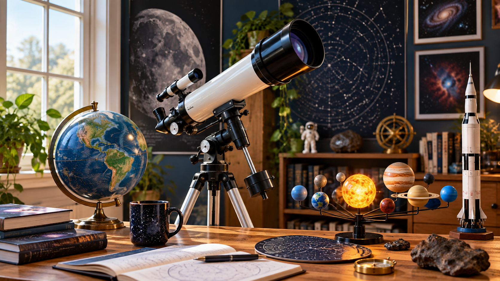 Telescope observing a bright starry night sky