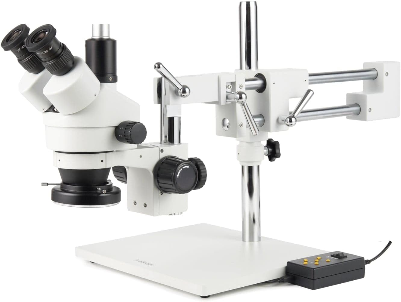 AmScope SM-4TZ-144A Professional Trinocular Stereo Zoom Microscope, WH10x Eyepieces, 3.5X-90X Magnification, 0.7X-4.5X Zoom Objective, Four-Zone LED Ring Light, Double-Arm Boom Stand, 110V-240V