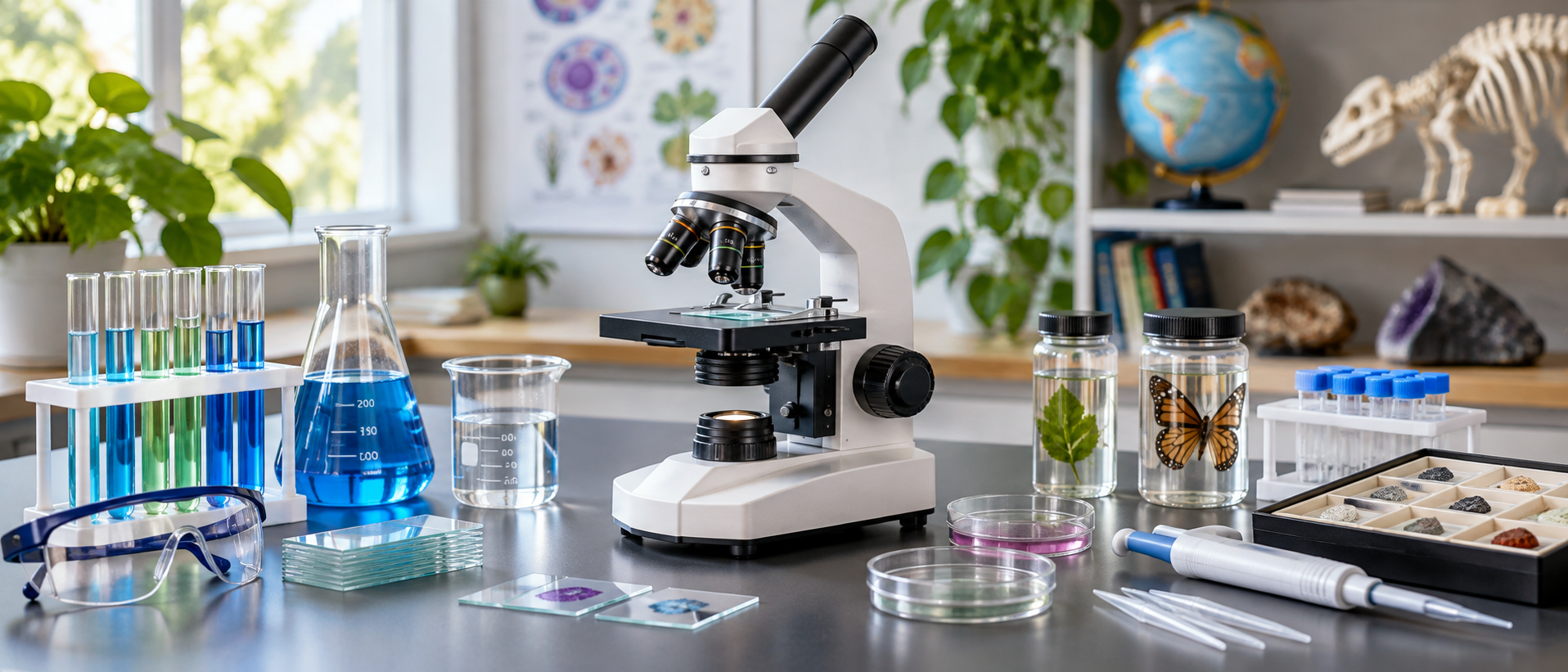 Bright microscopes lined up in a science laboratory