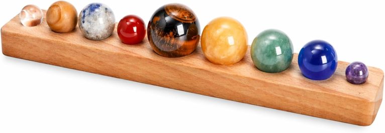 ZENFUN Nine Planets in Solar System with Wooden Stand, Natural Gemstones Sphere Solar System Model Kit, Planet Marbles, Desktop Display & Collection Model, Ideal for Astronomy Enthusiasts
