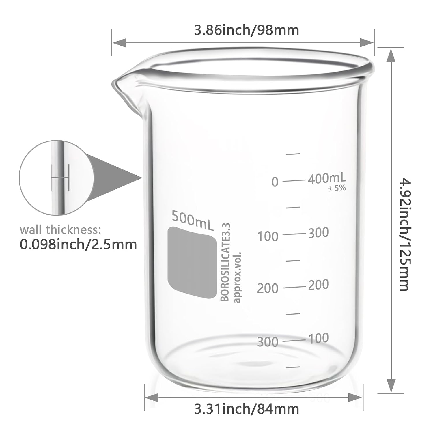 Heavy Duty 500ML Glass Beaker, White Double Scale Graduation, Borosilicate 3.3 Glass, Low Form Griffin Lab Measuring Beaker, 1 Each (500ML) - Image 2