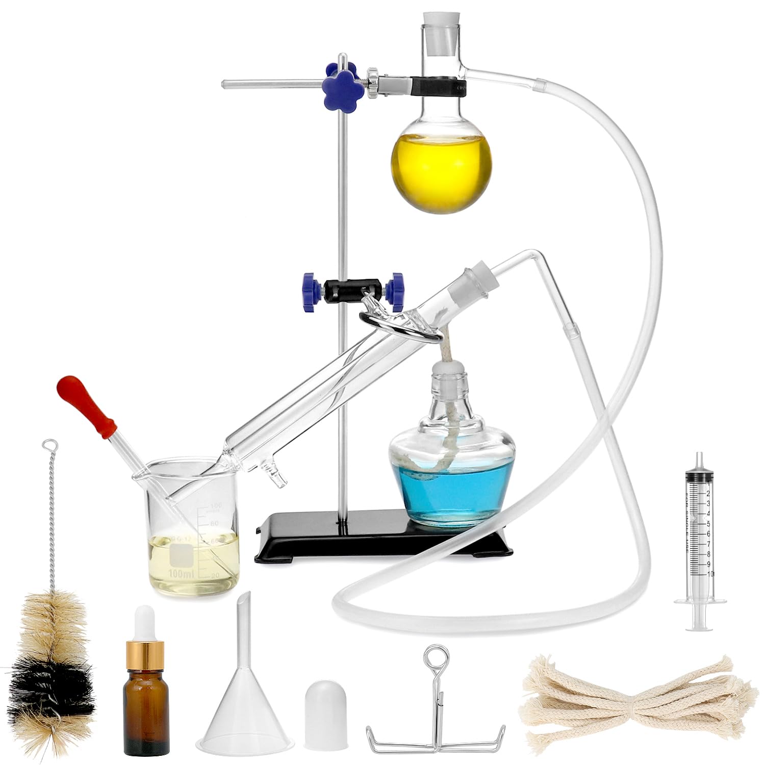 QWORK 12 Pieces 100 ML Home Distillation Apparatus Set - to Making Essential Oil, Chemistry Glass Distilling, Lab Glassware Kit