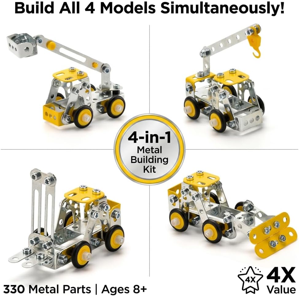 Erector Set for Boys Age 8-12,4 Mini Metal Model Set for Kids,330 PCS STEM Construction Toys,Engineering Building Set with Crane,Forklift,Bulldozer,Fire Truck-DIY STEM Educational Gift for Boys&Teens - Image 3
