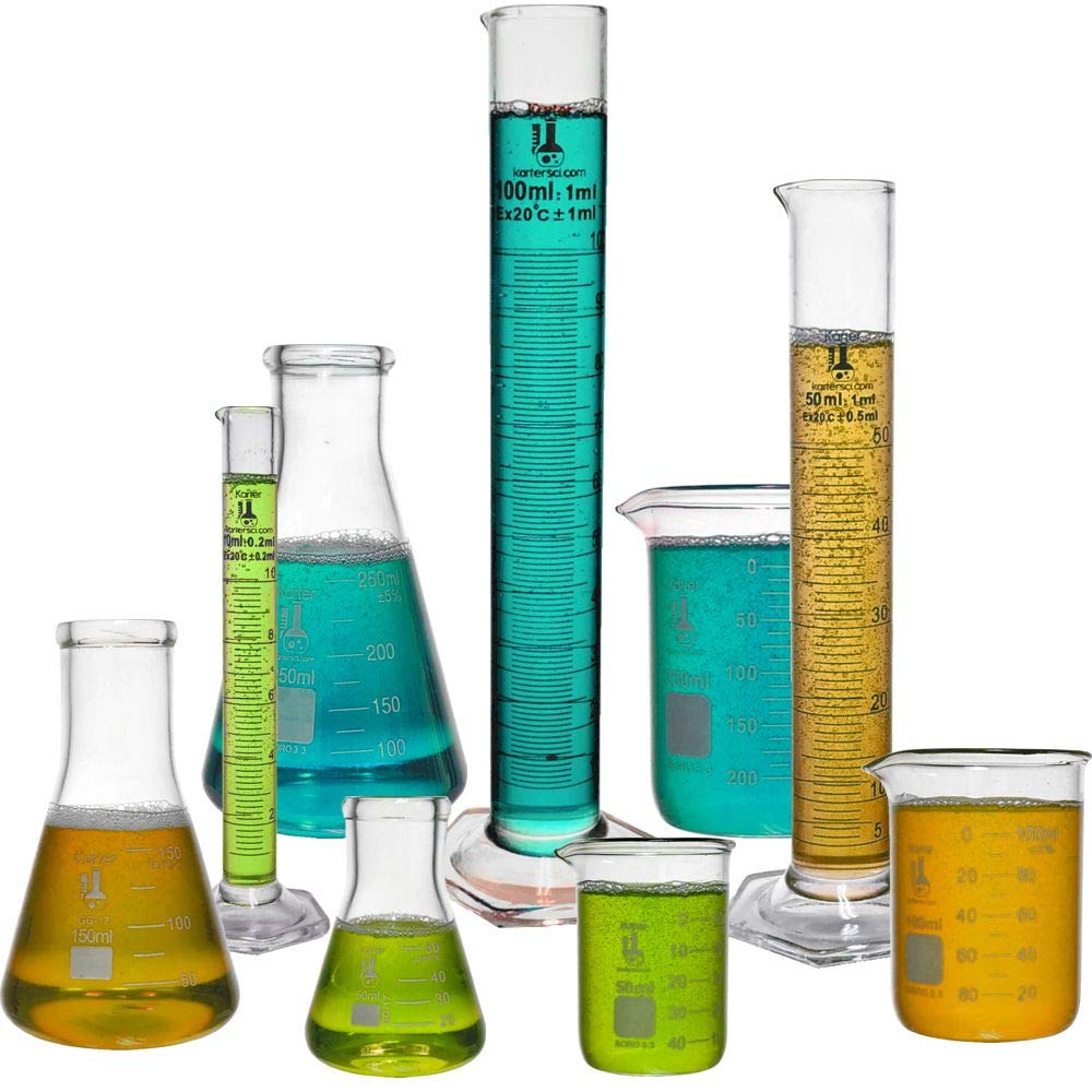 Beaker, Flask, Cylinder Set, 3.3 Boro. Glass - 9 Pieces - Beaker Set, Flask Set, and Graduated Cylinder Set, Karter Scientific 233N2 - Image 2