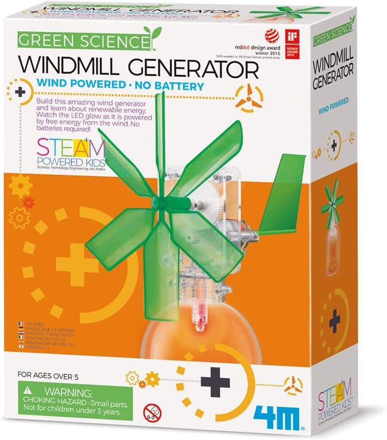 4M Toysmith, Green Science Windmill Generator Kit, DIY Science Kit With LED Lights, For Boys & Girls Ages 8+ (Packaging May Vary)
