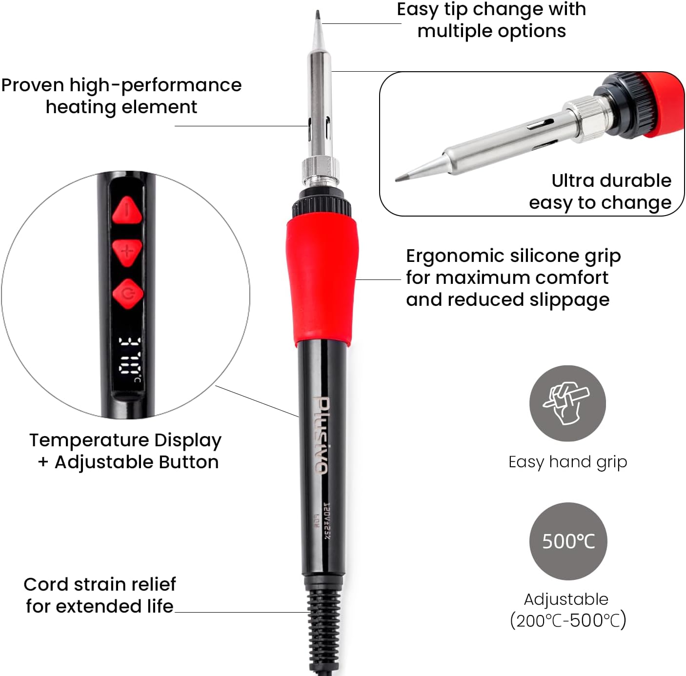 Soldering Iron Kit, 60W LED Display Digital Solder Pen, 5 Replaceable Tips, 21-in-1 Fast Heating with Solder Wire, Stand, Desoldering Pump, for Electronics Repair Hobby DIY 120V US Plug from Plusivo - Image 2