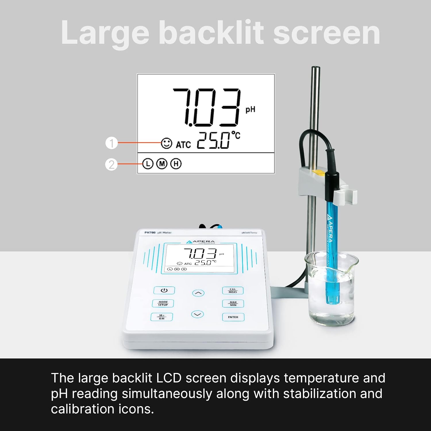 Apera Instruments, LLC-AI501 PH700 Benchtop Lab pH Meter, 0.01 pH Accuracy, 1-3 Points Auto Calibration, 3-in-1 pH/Temp. Electrode - Image 2