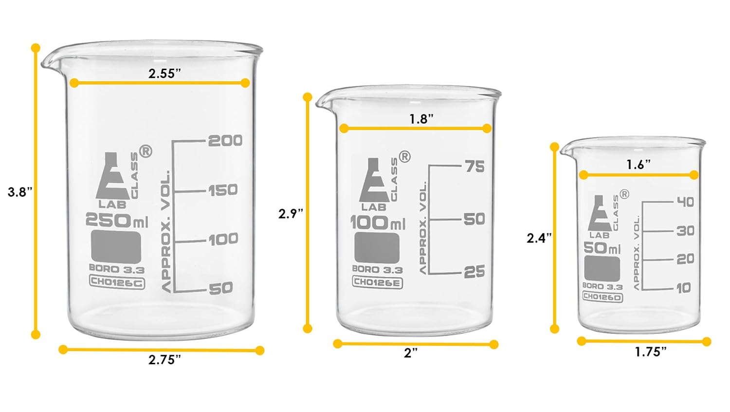 EISCO Laboratory Glassware Set, 9pcs - Includes Beaker Set (3pcs), Erlenmeyer Flask Set (3pcs), ASTM Class A Graduated Cylinder Set (3pc) - Chemistry Glassware - Made of Borosilicate 3.3 Glass - Image 3
