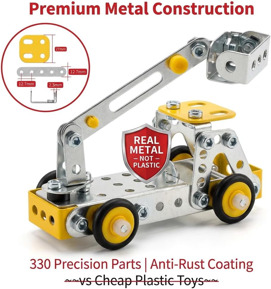 Erector Set for Boys Age 8-12,4 Mini Metal Model Set for Kids,330 PCS STEM Construction Toys,Engineering Building Set with Crane,Forklift,Bulldozer,Fire Truck-DIY STEM Educational Gift for Boys&Teens - Image 2