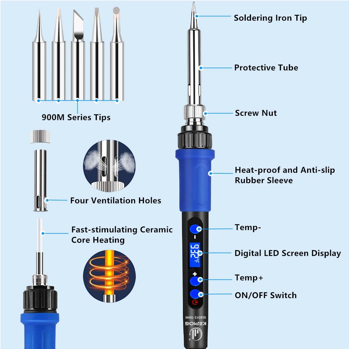 Soldering Iron Kit, 100W High-Power LCD Digital Soldering Iron, Circuit Board Repair Soldering Kit with Magnifying Glass Helping Hands, Adjustable Temperature Solder Welding Tools - Image 5