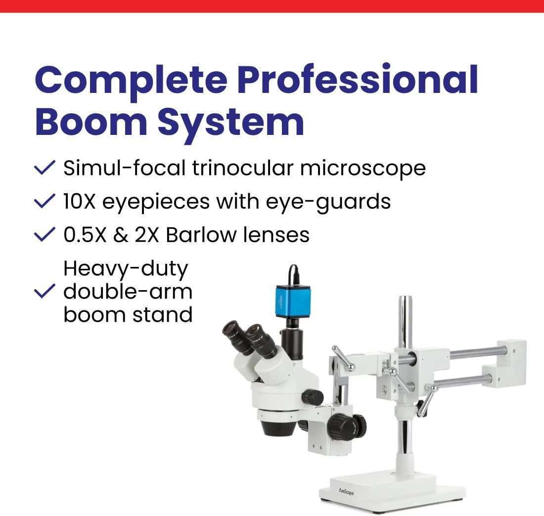 AmScope SM-4 Series Simul-Focal Zoom Trinocular Stereo Microscope - 3.5X-90X Magnification - Professional Laboratory Microscope with Camera Port & Double-Arm Boom Stand - Image 7