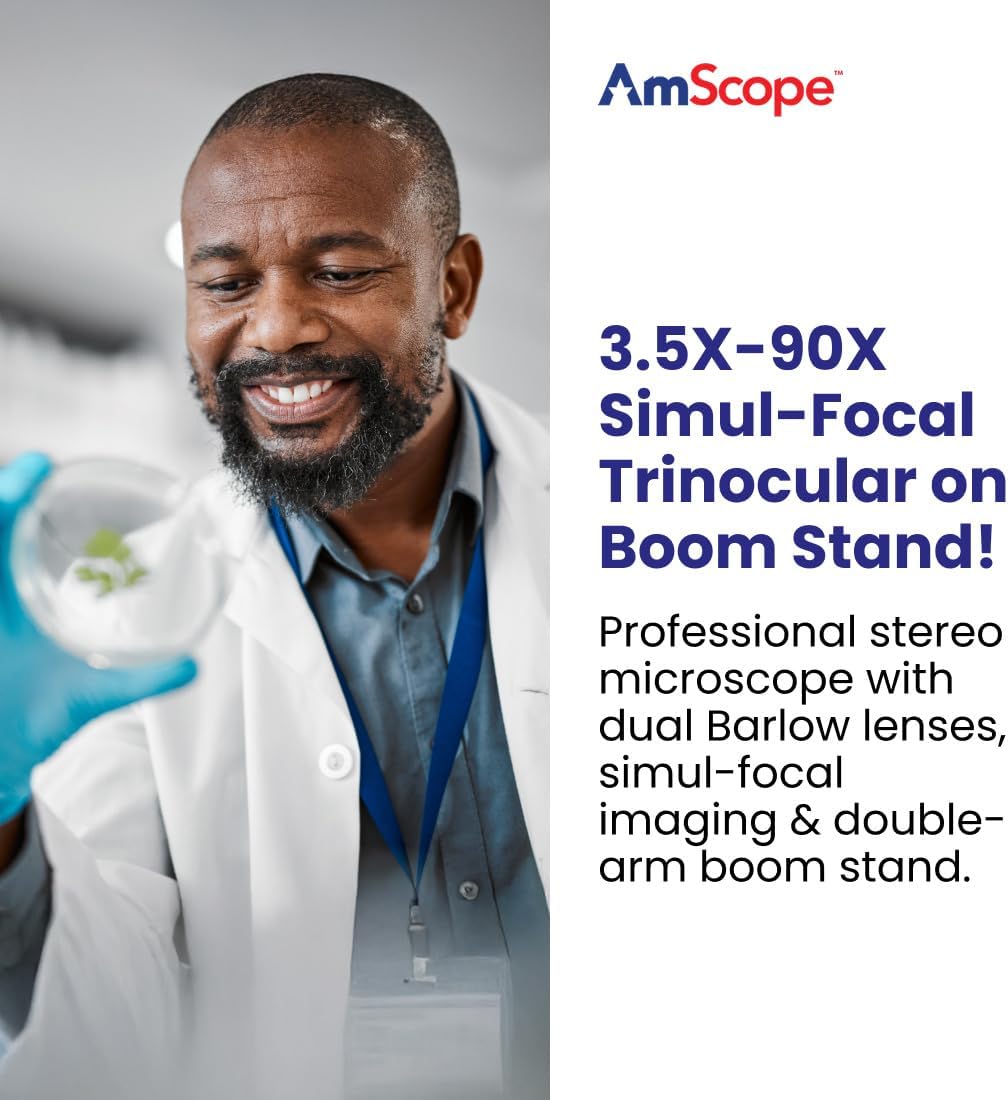 AmScope SM-4 Series Simul-Focal Zoom Trinocular Stereo Microscope - 3.5X-90X Magnification - Professional Laboratory Microscope with Camera Port & Double-Arm Boom Stand - Image 2
