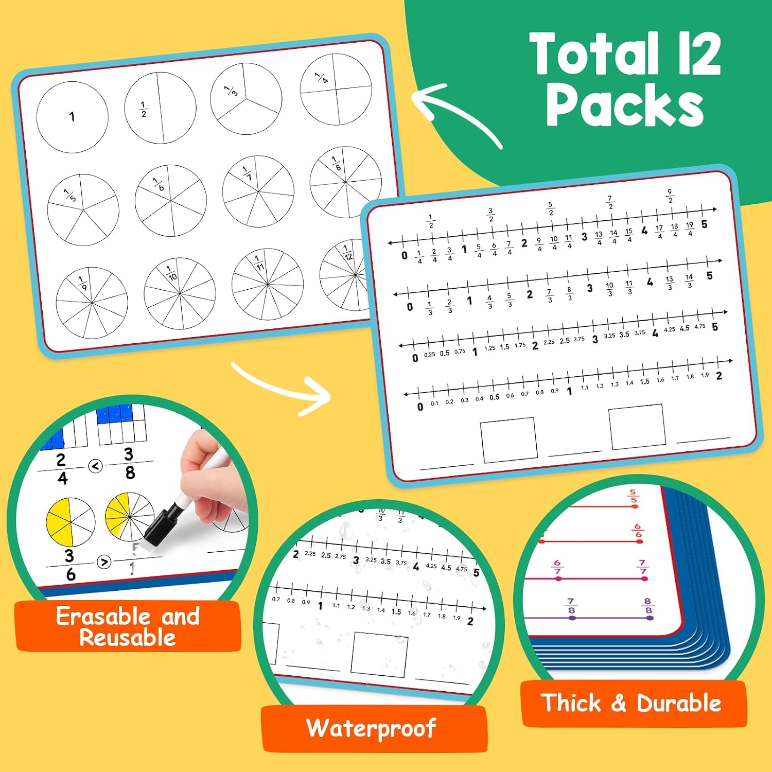 Aizweb 12 Pack Fraction Manipulatives Dry Erase Board,12"x9" Fraction Number Line Bars,Math Manipulatives Fraction Games Flash Cards for 4th-8th Grade Kids,Homeschool Classroom Teaching Supplies - Image 2