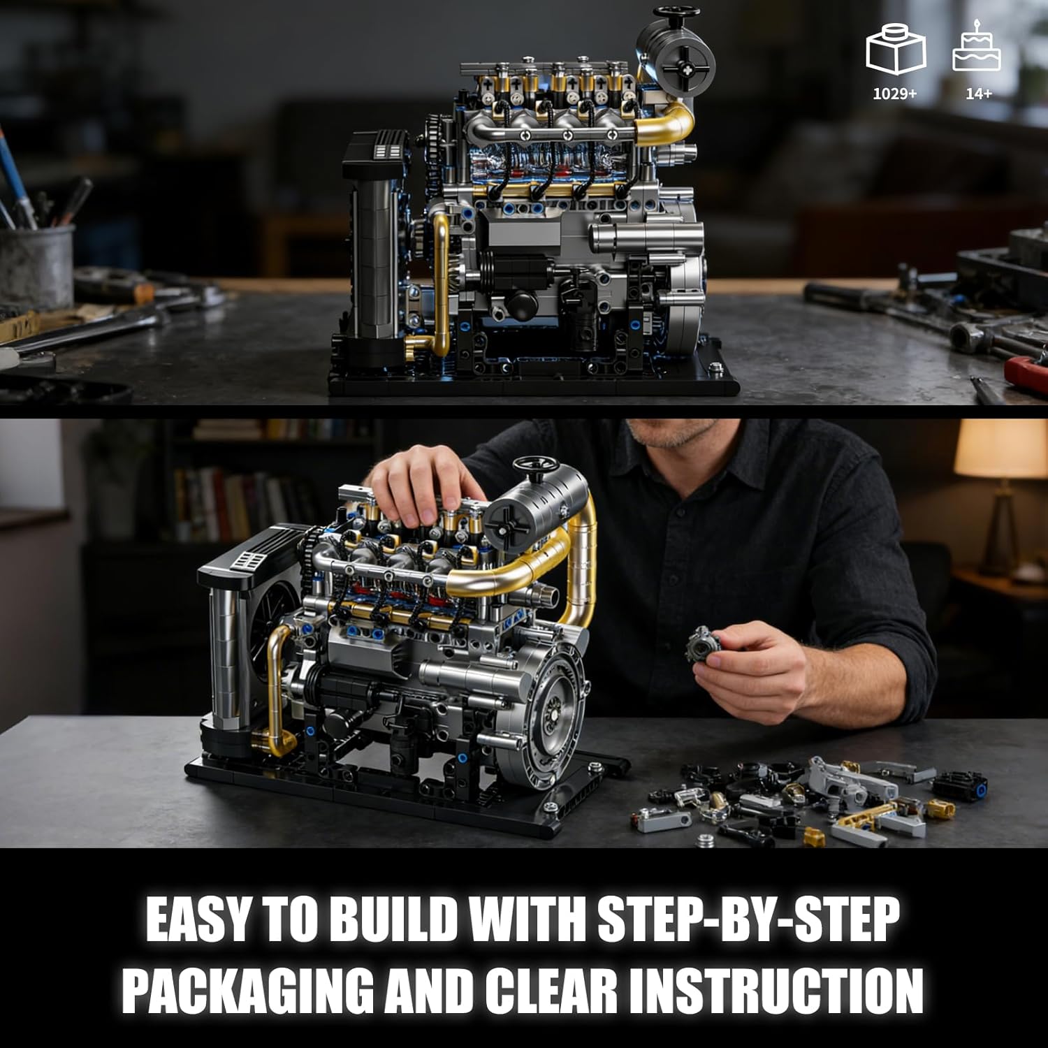 Diesel Engine Model Kit that Runs for Adults, MOC Mini Inline 4-Cylinder Diesel Engine Building Set with Motor, Compatible with Lego, Mechanical Engineering STEM Toy for Teens (1029 PCS) - Image 7