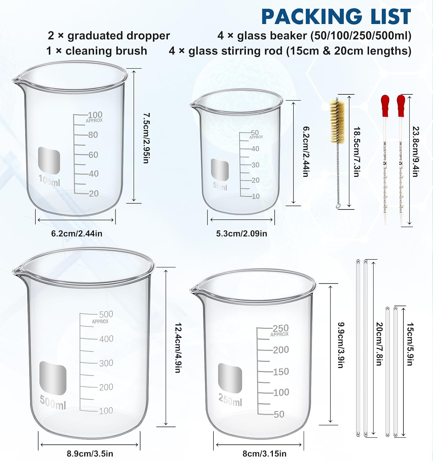 FOUR E'S SCIENTIFIC Glass Beaker Set, 19-Piece Labware Kit - Image 5