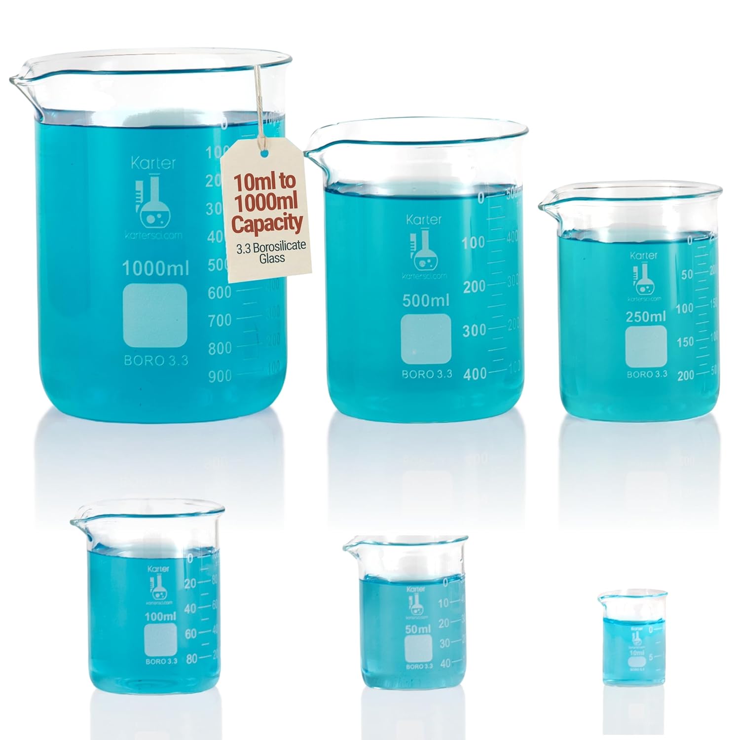 Karter Scientific, 3.3 Boro, Griffin Low Form, Glass Beaker Set - 6 Sizes - 10ml, 50ml, 100ml, 250ml, 500ml, 1000ml - Image 8