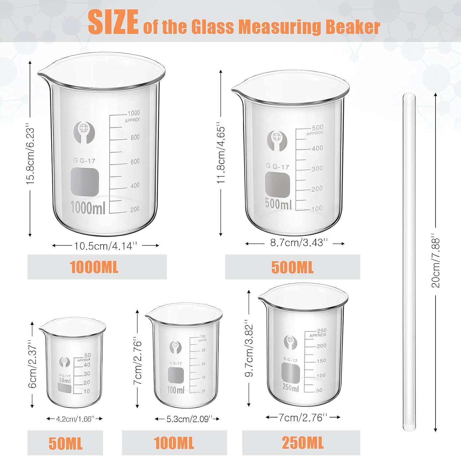 Feekoon 10 Pieces Glass Measuring Beaker and Graduated Measuring Cylinder with Stirring Rod 50/100/ 250/500/ 1000 ml Thick Glass Beakers and 5/10/ 50/100 ml Graduated Cylinders for Science Lab - Image 2