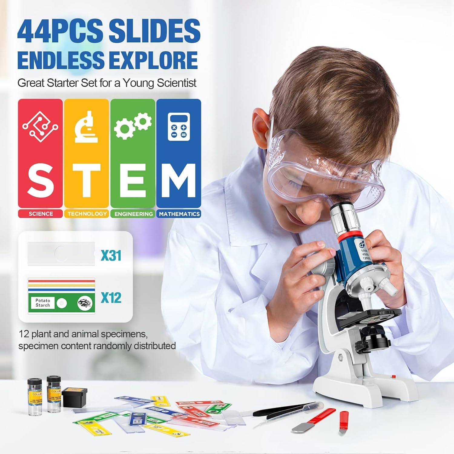 58-Piece Kids Microscope Kit - 100X-1200X Magnification, Metal Body, LED Light, Carrying Box - Science Experiment Toy for Kids Ages 5-12 - Image 3