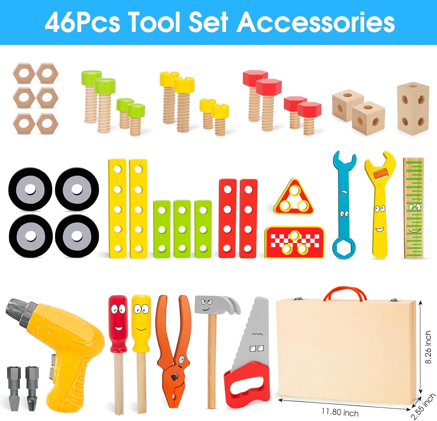 44 Pcs Toddler Tool Set, Wooden Tools for Kids Ages 3-5 with Drill and Box - Image 7