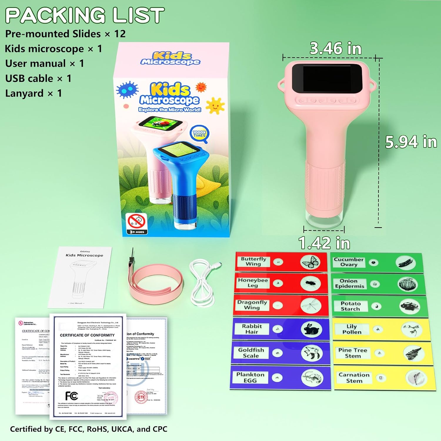 Odatay 1000X Digital Kids Microscope Kit with 12 Slides & 2" Screen, Pink - Image 8