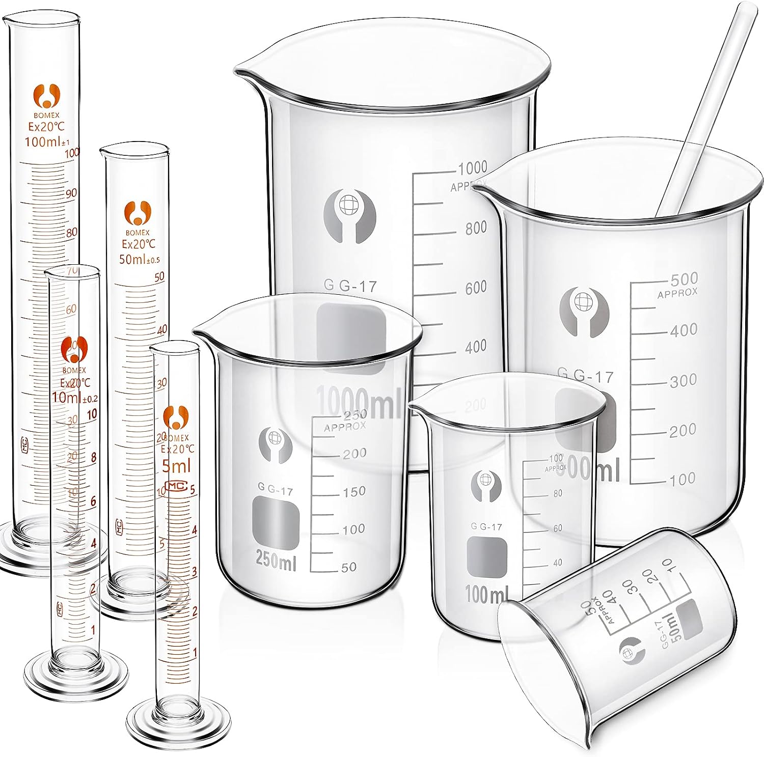 Feekoon 10 Pieces Glass Measuring Beaker and Graduated Measuring Cylinder with Stirring Rod 50/100/ 250/500/ 1000 ml Thick Glass Beakers and 5/10/ 50/100 ml Graduated Cylinders for Science Lab