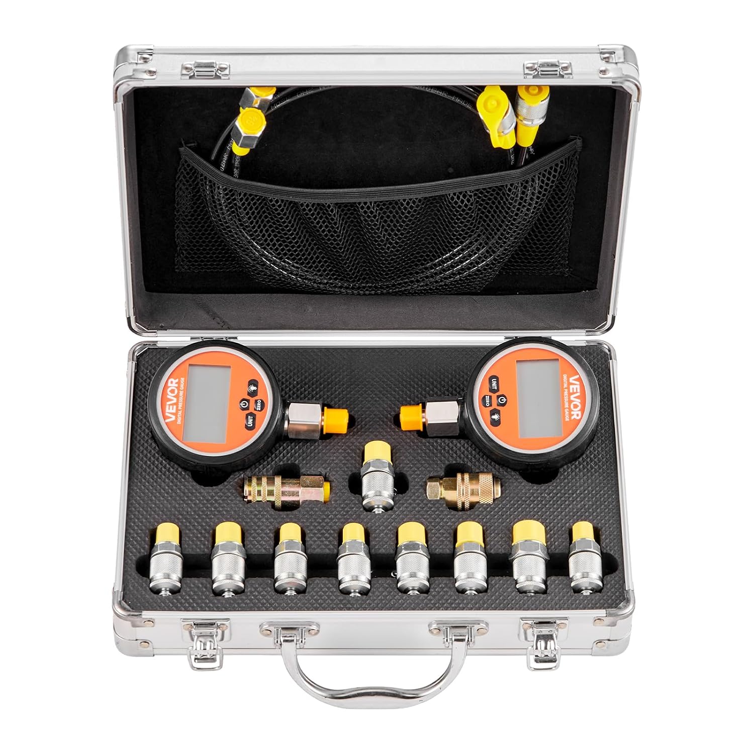 VEVOR Digital Hydraulic Pressure Test Coupling Kit, 10000 PSI Pressure Gauge Manometer Tester with 2 Gauges, 9 Test Couplings, 2 Quick-Release Couplers, 2 Hoses for Excavator Construction Machinery - Image 9