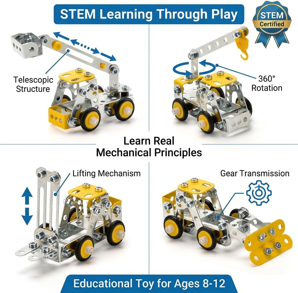 Erector Set for Boys Age 8-12,4 Mini Metal Model Set for Kids,330 PCS STEM Construction Toys,Engineering Building Set with Crane,Forklift,Bulldozer,Fire Truck-DIY STEM Educational Gift for Boys&Teens - Image 5