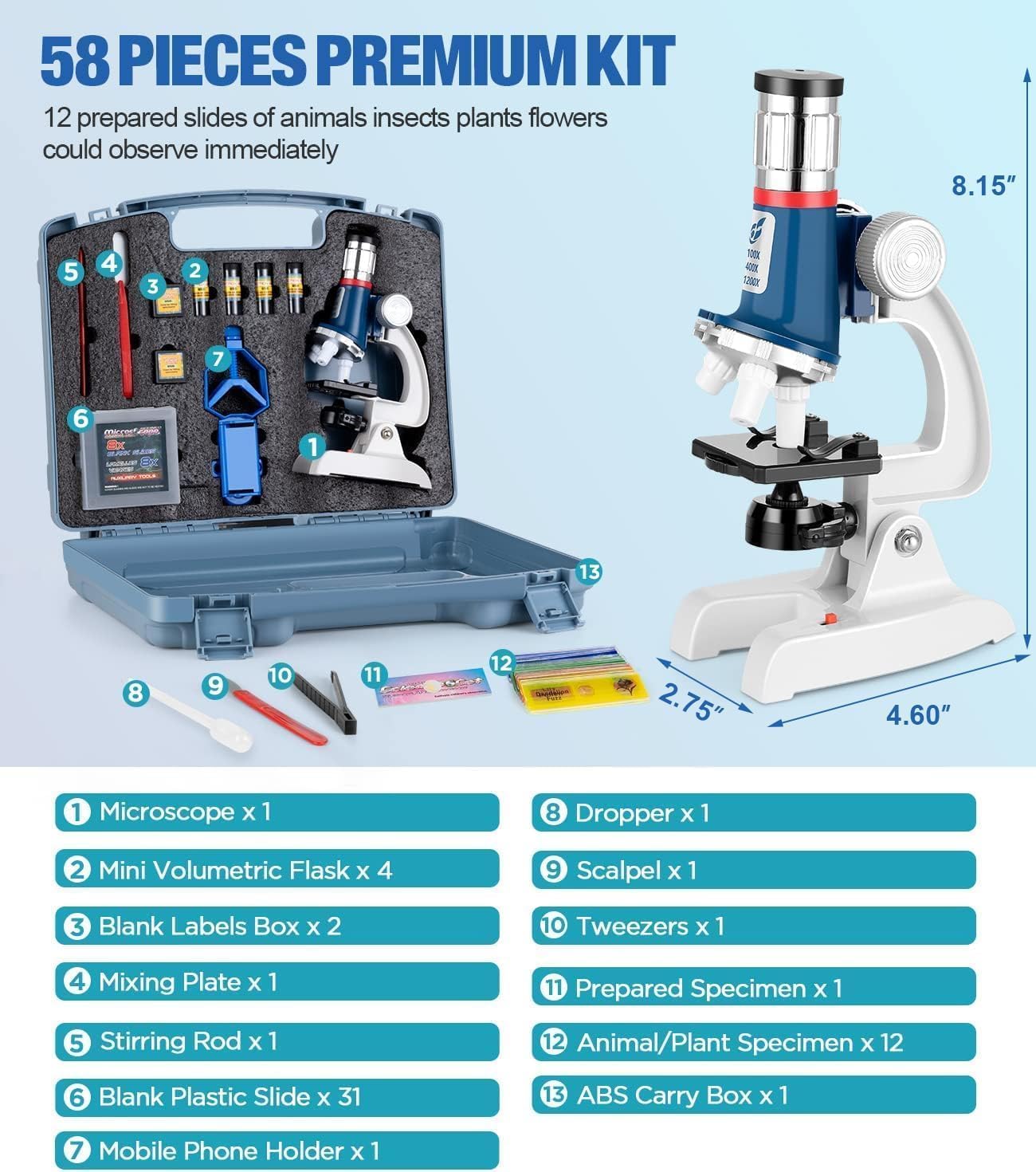 58-Piece Kids Microscope Kit - 100X-1200X Magnification, Metal Body, LED Light, Carrying Box - Science Experiment Toy for Kids Ages 5-12 - Image 6