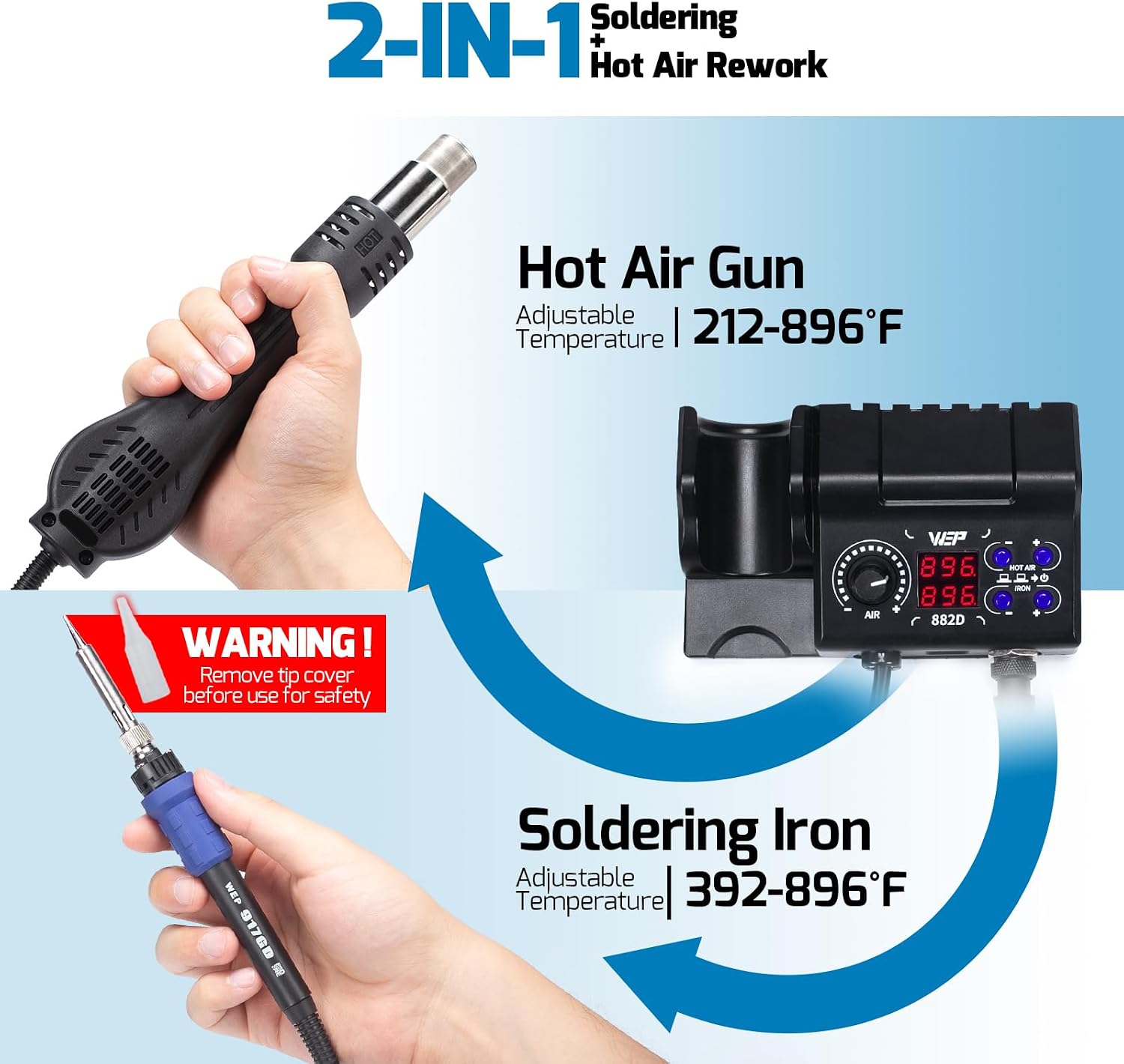 WEP 882D Soldering Iron Station 2-IN-1 SMD Hot Air Rework Station with 2 Spools of Solder Wire, 5 Soldering Tips, 3 Hot Air Nozzles, Brass Wool Tip Cleaner, Tweezers, Desoldering pump - Image 4