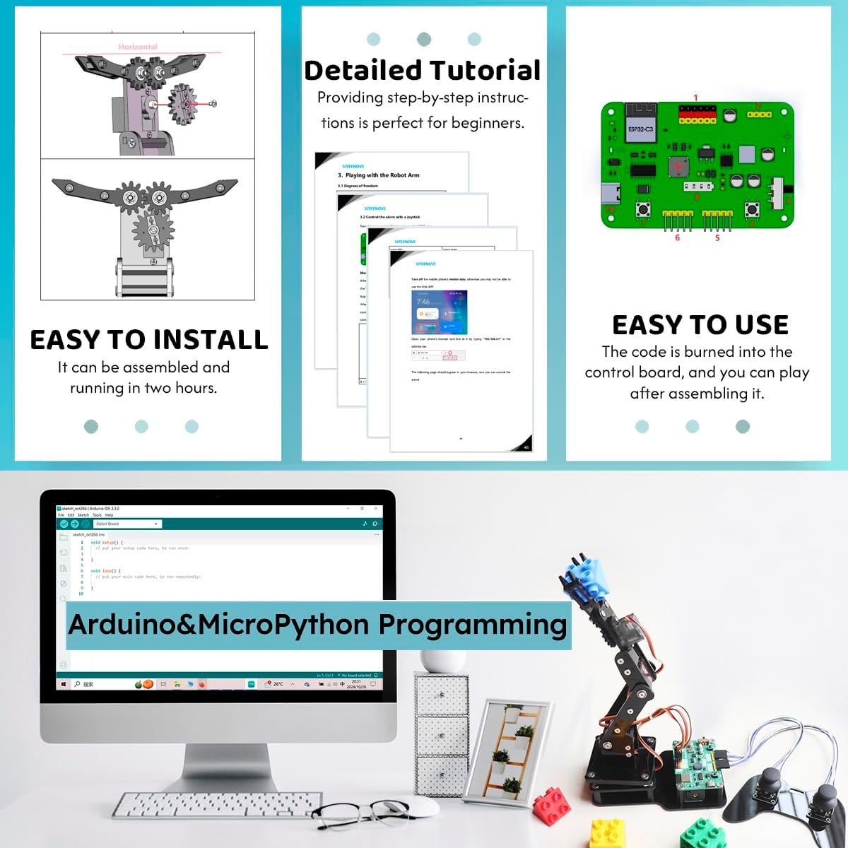 Smart Robot Arm for Arduino & MicroPython ESP32 4DOF Programmable Robotic Arm Building Kit with Joystick/Web App Control for STEAM Education, Motion Recording & Loop Playback - Image 3