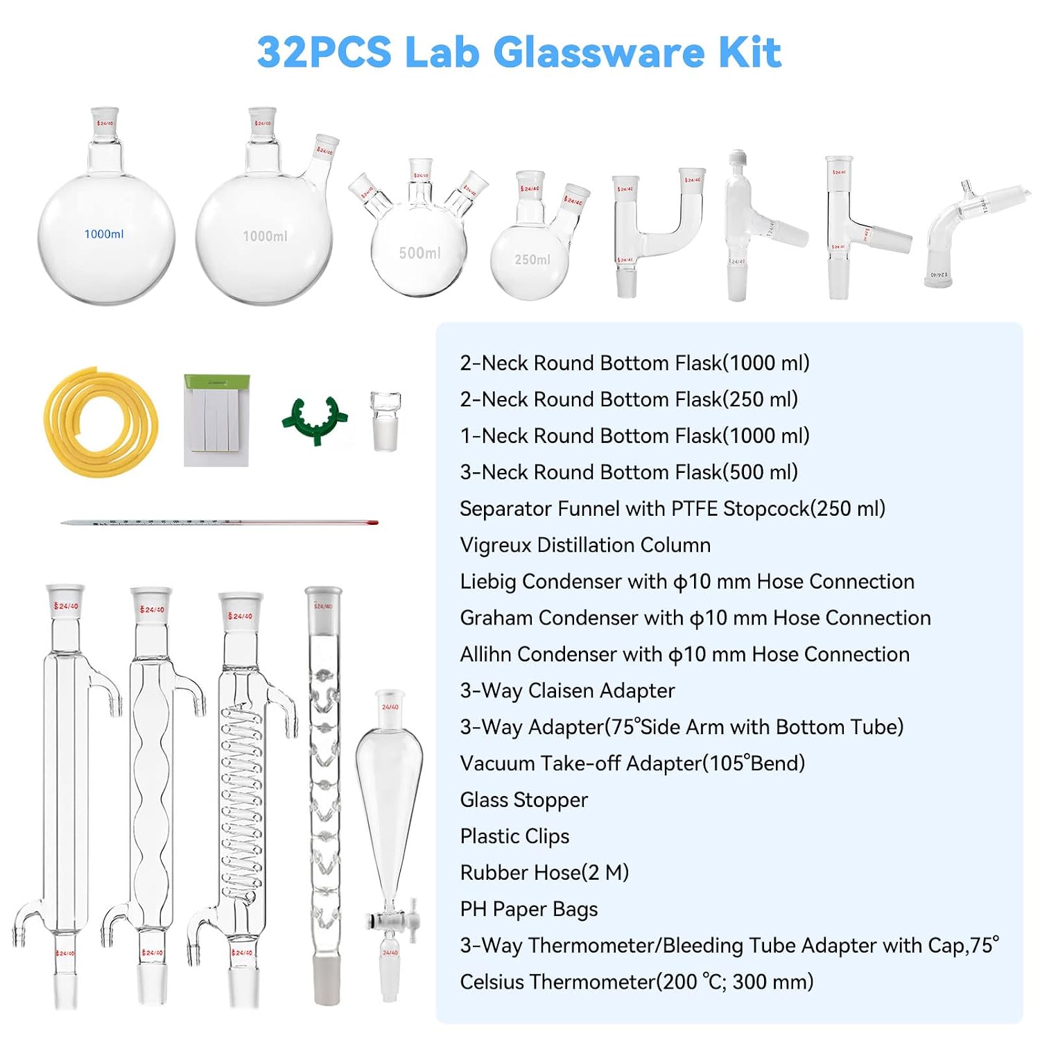 Chemistry Glassware Set - 32PCS Laboratory Glassware Kit with 24/40 Joint 1000ml Essential Oil Lab Distillation Apparatus Kit - Image 2