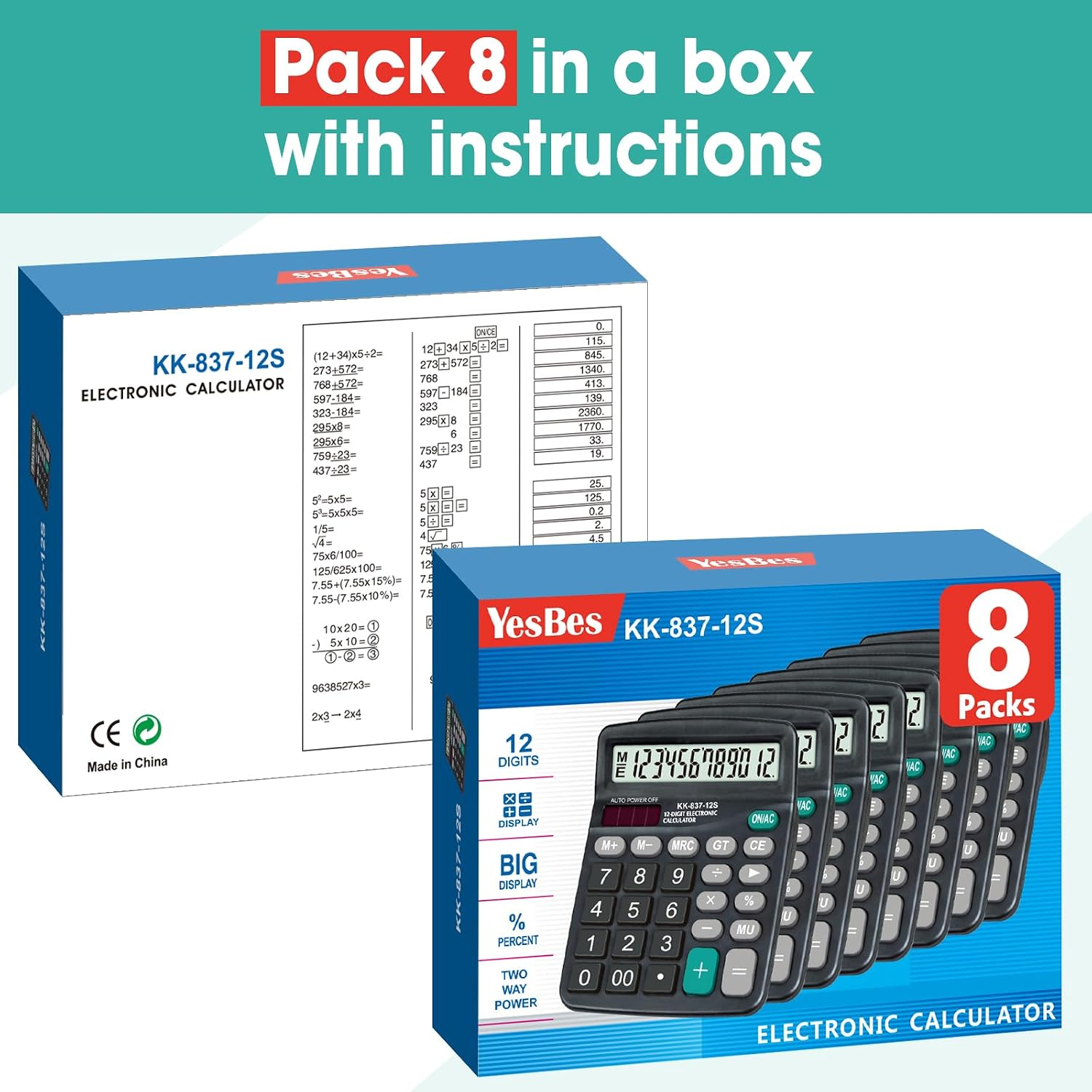 8 Pack Calculator Bulk, 12 Digits Calculators Desktop with Large LCD Display and Sensitive Butto, Solar and Battery Dual Power, Desk Calculator for Office, School, Home - Image 7