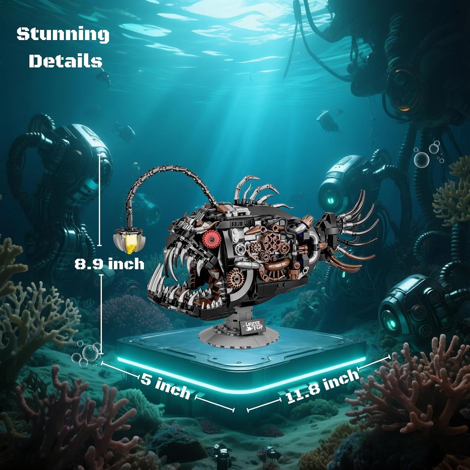 Mechanical Angler Fish Building Block Set for Kids & Adults- STEM Toys for Boys & Girls 8-14+, Deep Sea Ocean Creature Kit, Home/Office Decor with Light, Great Birthday Gift (1038+Pieces) - Image 7