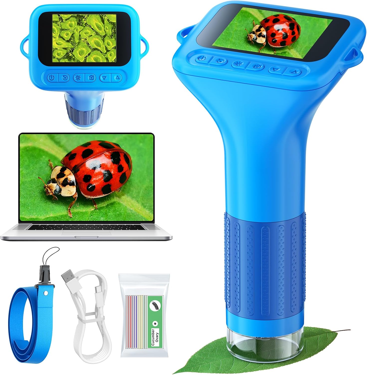 Odatay 1000X Digital Kids Microscope Kit with 12 Slides & 2" Screen, Blue