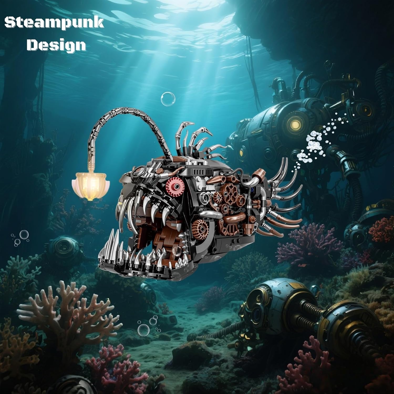 Mechanical Angler Fish Building Block Set for Kids & Adults- STEM Toys for Boys & Girls 8-14+, Deep Sea Ocean Creature Kit, Home/Office Decor with Light, Great Birthday Gift (1038+Pieces) - Image 2