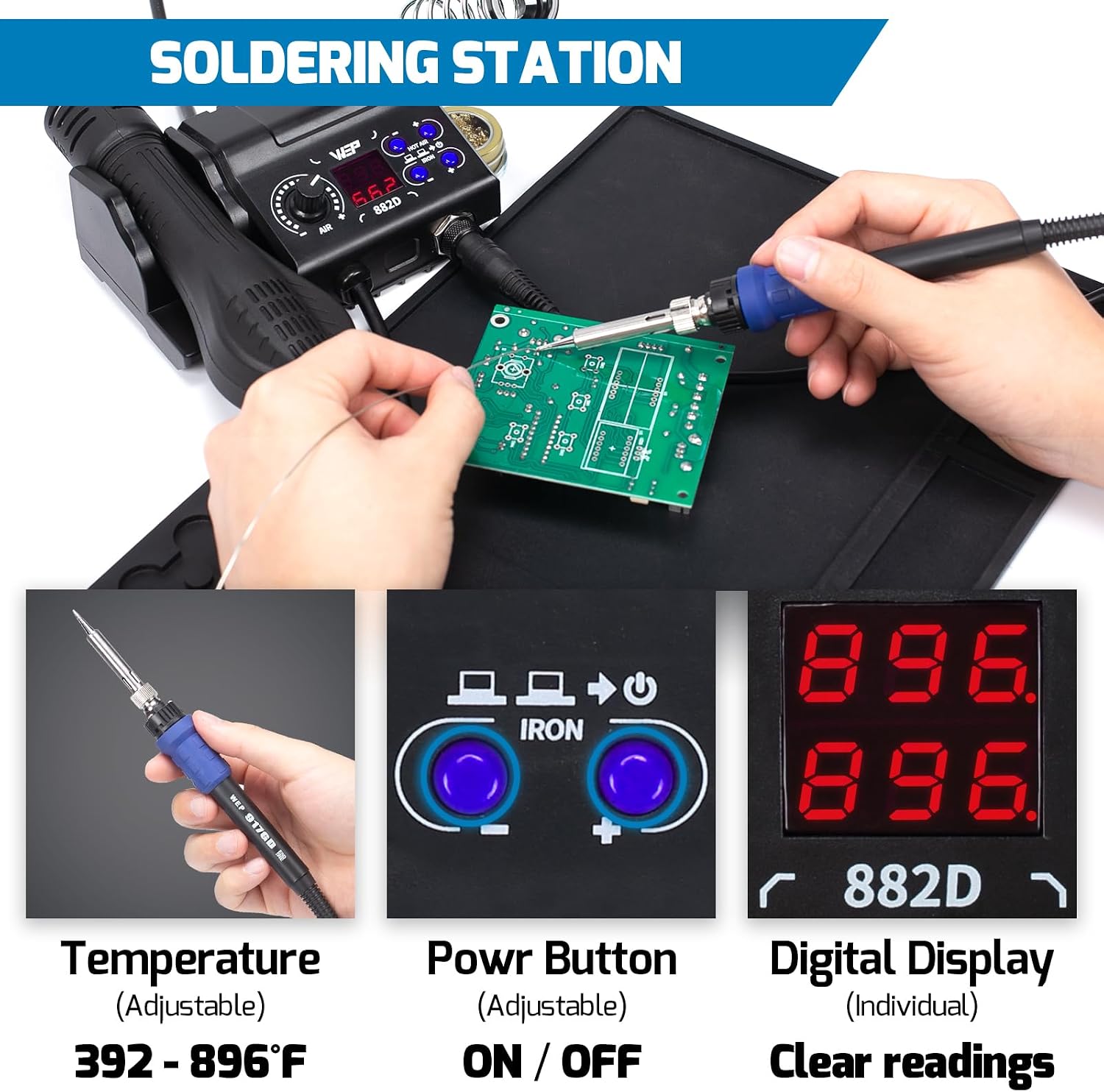 WEP 882D Soldering Iron Station 2-IN-1 SMD Hot Air Rework Station with 2 Spools of Solder Wire, 5 Soldering Tips, 3 Hot Air Nozzles, Brass Wool Tip Cleaner, Tweezers, Desoldering pump - Image 7