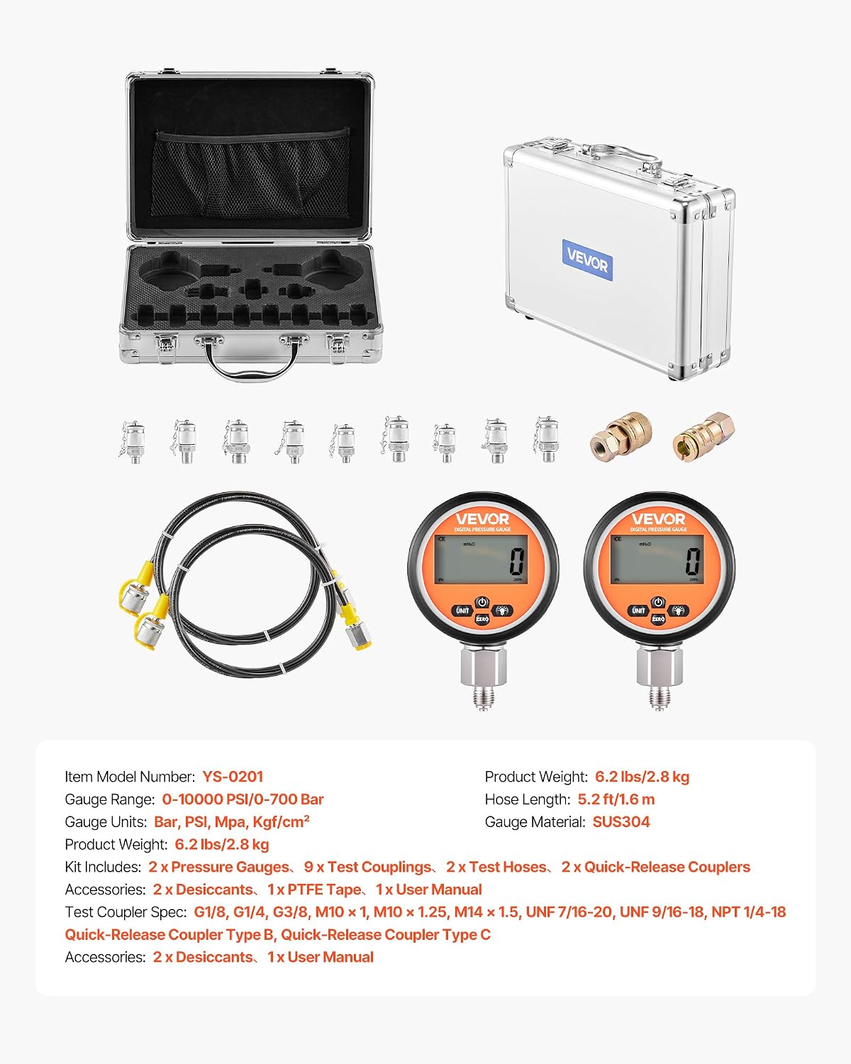 VEVOR Digital Hydraulic Pressure Test Coupling Kit, 10000 PSI Pressure Gauge Manometer Tester with 2 Gauges, 9 Test Couplings, 2 Quick-Release Couplers, 2 Hoses for Excavator Construction Machinery - Image 7