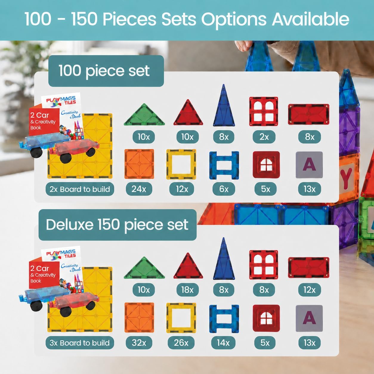 Magnetic Tiles for Kids 100-Piece Set, STEM Educational Building Blocks, Includes 2 Cars & Click-in ABC Learning Tiles, Gift for Boys & Girls, Magnetic Figures & 2 or 4 Car Set Add-Ons Available - Image 2