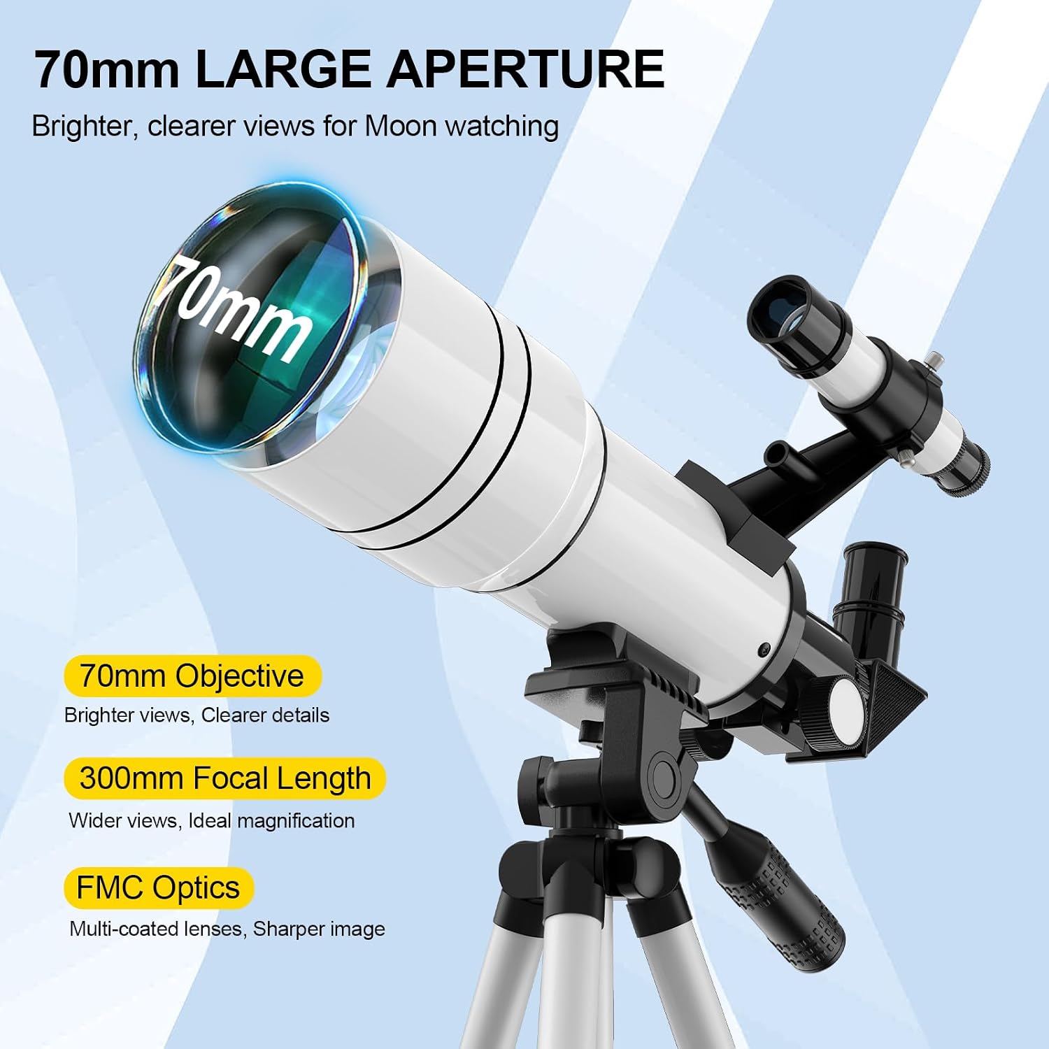 Telescope for Kids and Adults, Astronomical Telescopes (15X-150X) with Fully Multi-Coated Optics, 70MM Aperture 300MM Refracting Telescope for Moon, Astronomy Beginners Gifts with Phone Adapter - Image 2