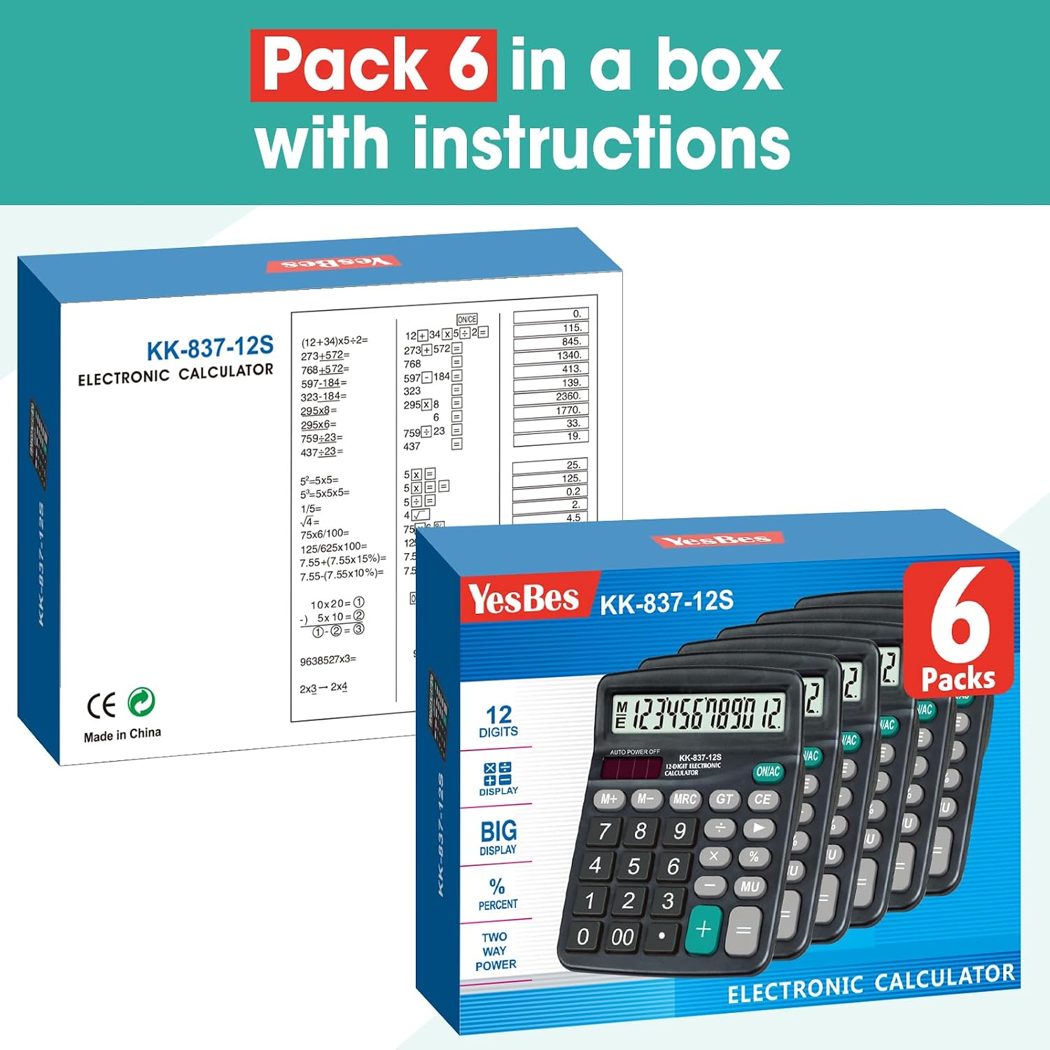 6 Pack Calculator Bulk, 12 Digits Calculators Desktop with Large LCD Display and Sensitive Butto, Solar and Battery Dual Power, Desk Calculator for Office, School, Home - Image 7