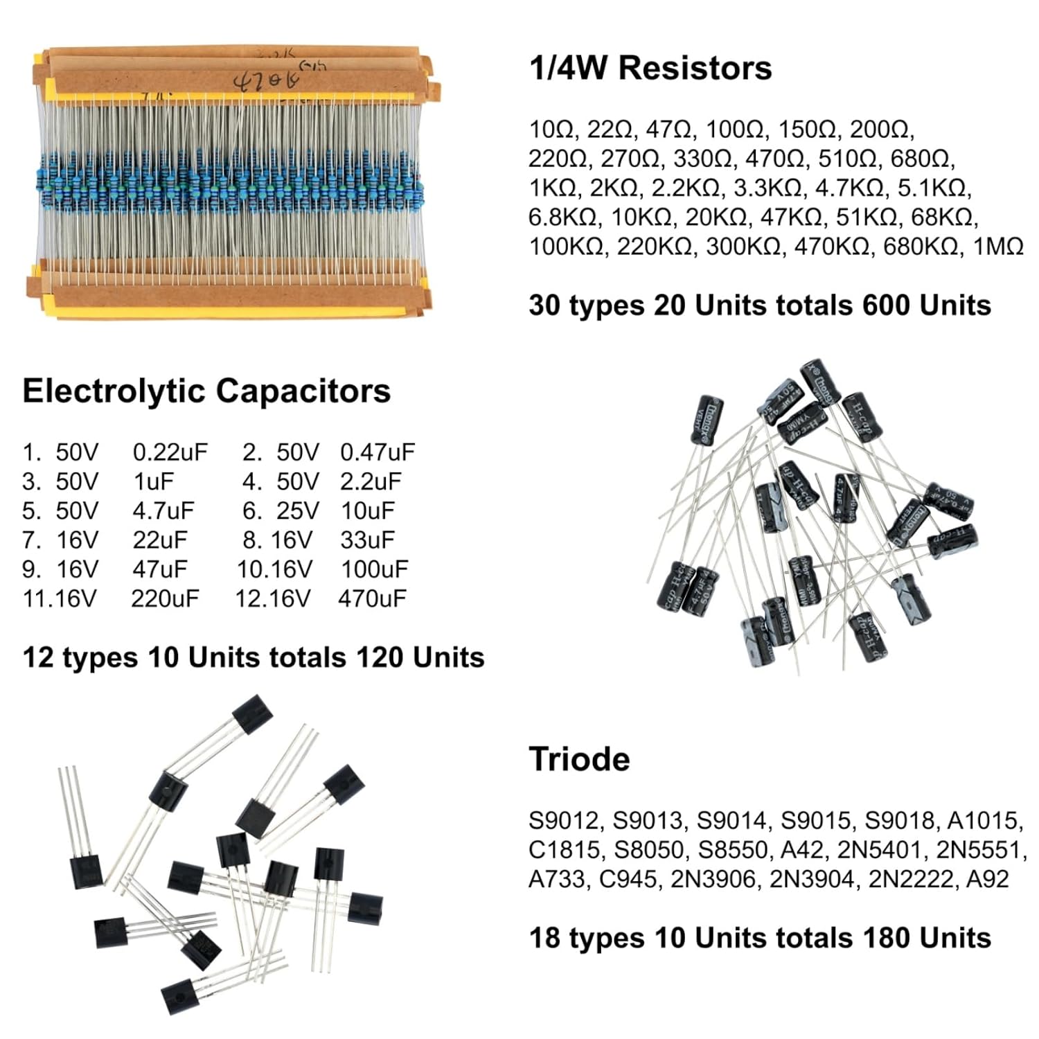 1540 Pcs Electronic Component Assortment Kit LED Diode Transistor Metal Film Resistors Aluminum Electrolytic Capacitors Ceramic Capacitors and 40Pin Male to Male Jumper Wire - Image 3