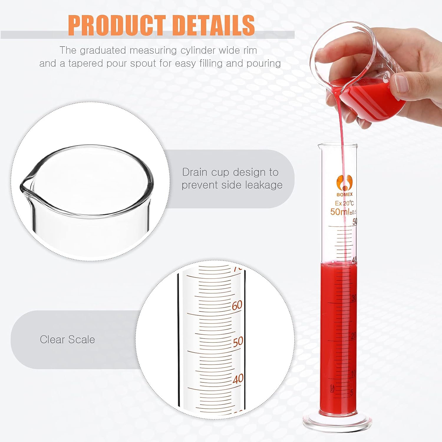 Feekoon 10 Pieces Glass Measuring Beaker and Graduated Measuring Cylinder with Stirring Rod 50/100/ 250/500/ 1000 ml Thick Glass Beakers and 5/10/ 50/100 ml Graduated Cylinders for Science Lab - Image 4