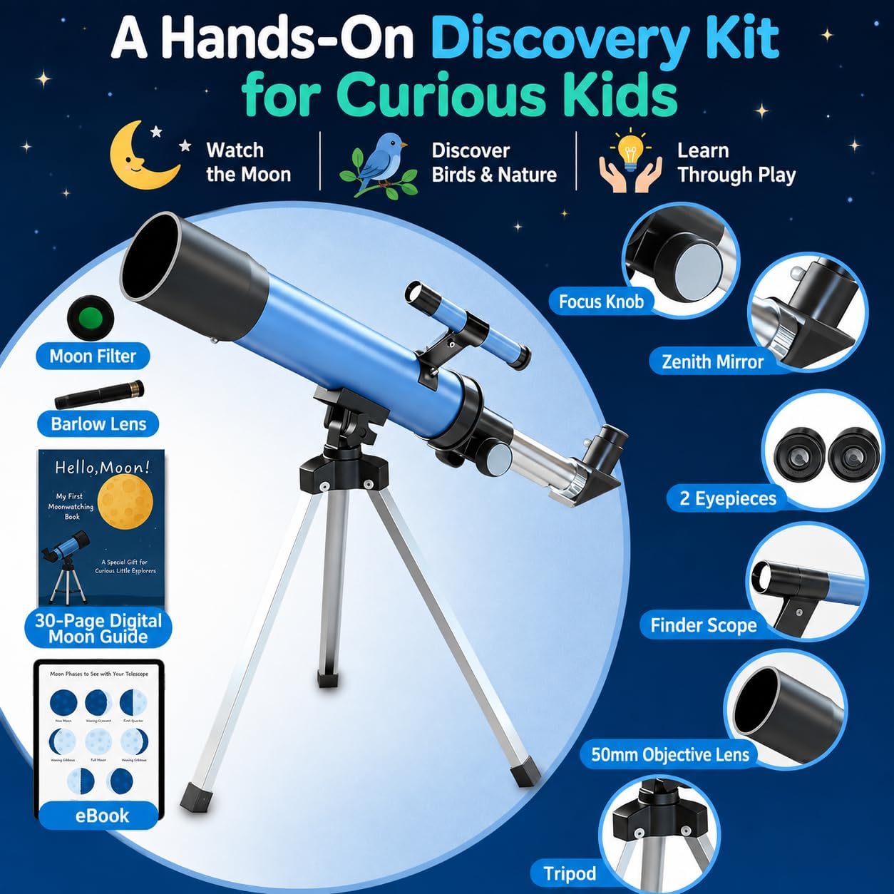 Telescope for Kids, 50mm 100x Beginner Telescope with Tripod - Image 4