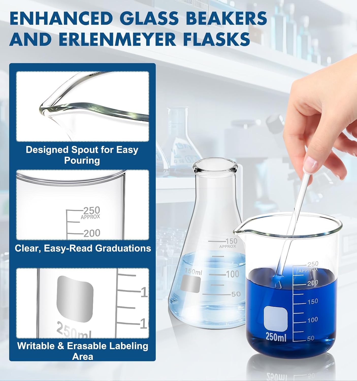 FOUR E'S SCIENTIFIC Glass Beaker Set, 19-Piece Labware Kit - Image 3