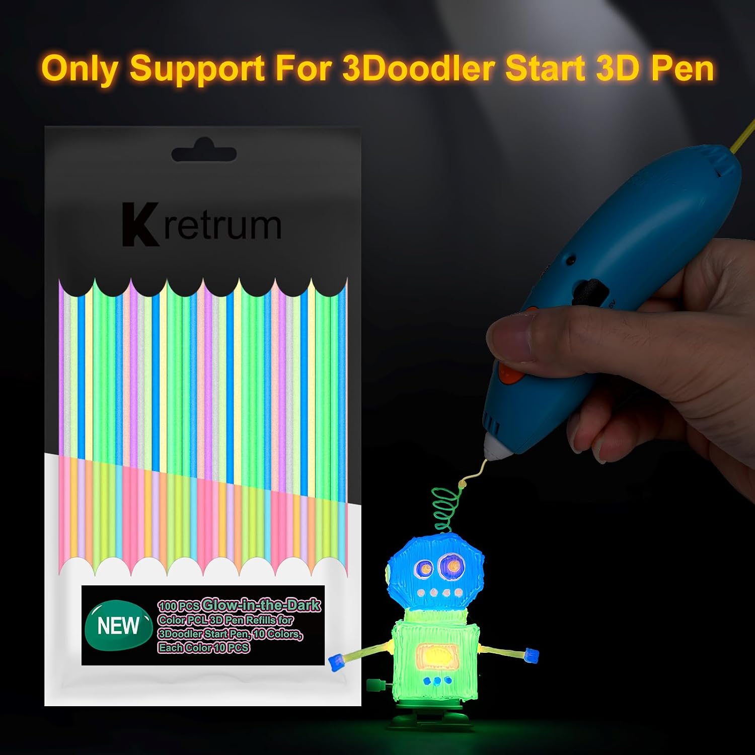 Kretrum Glow in the Dark 3D Doodler Pen Refills for 3Doodler Start+ 3D Pen 2.5mm PCL Filament Refills Packs 10 Colors Glow Filament Each Color 10 pcs Total 100 pcs Only Fit for 3Doodler Start Pen - Image 2