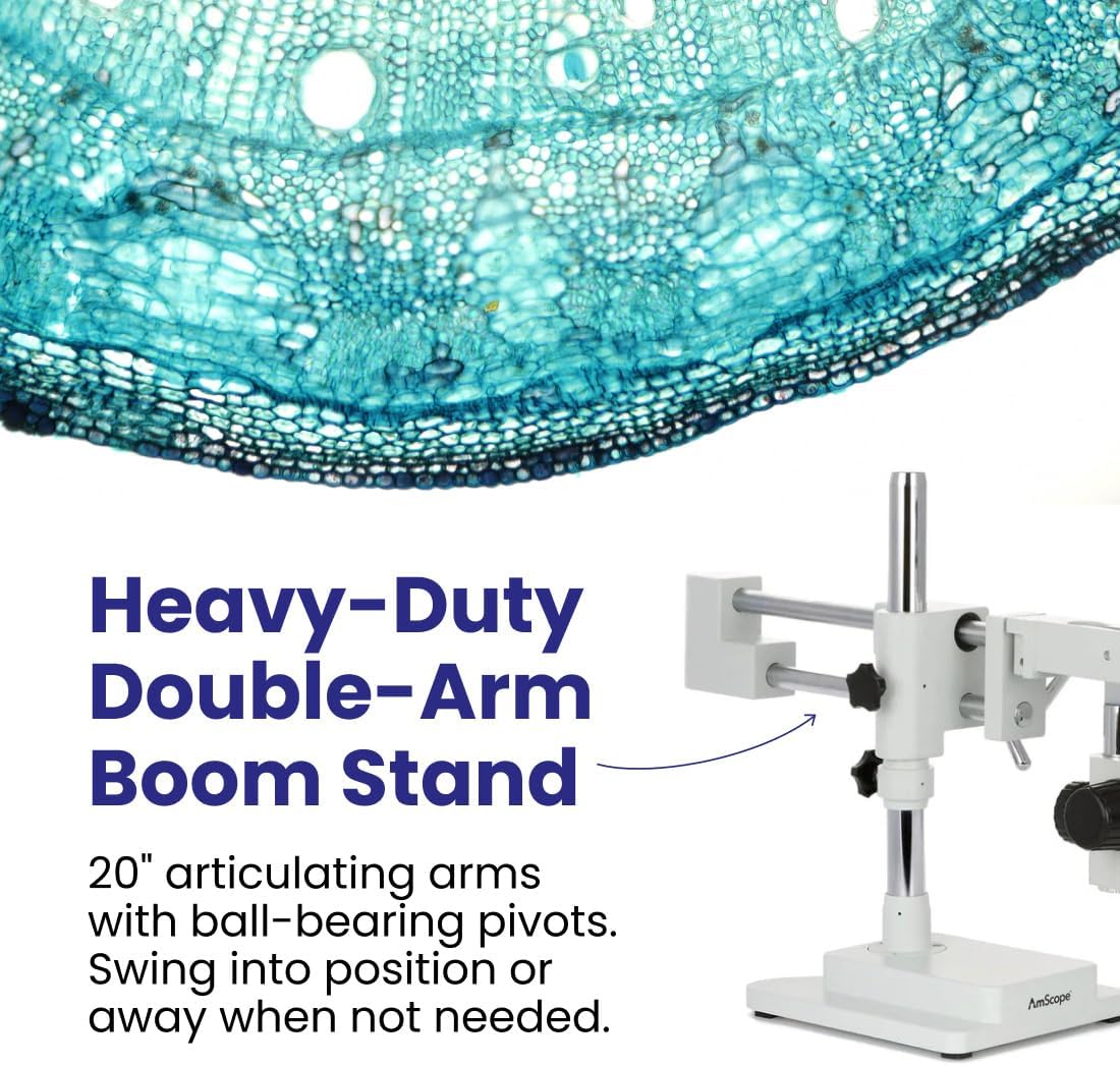AmScope SM-4 Series Simul-Focal Zoom Trinocular Stereo Microscope - 3.5X-90X Magnification - Professional Laboratory Microscope with Camera Port & Double-Arm Boom Stand - Image 4